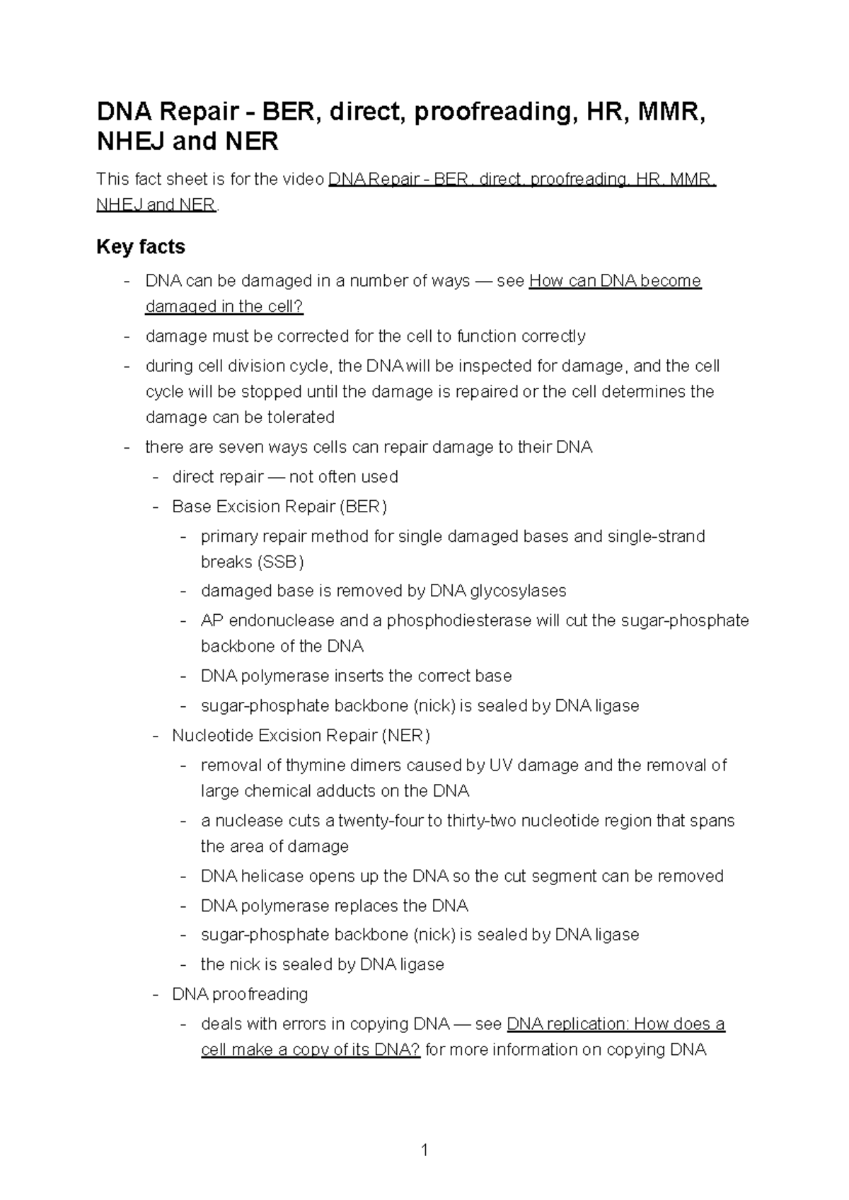 DNA Repair Mechanisms: BER, Direct, Proofreading, HR, MMR, NHEJ, NER ...