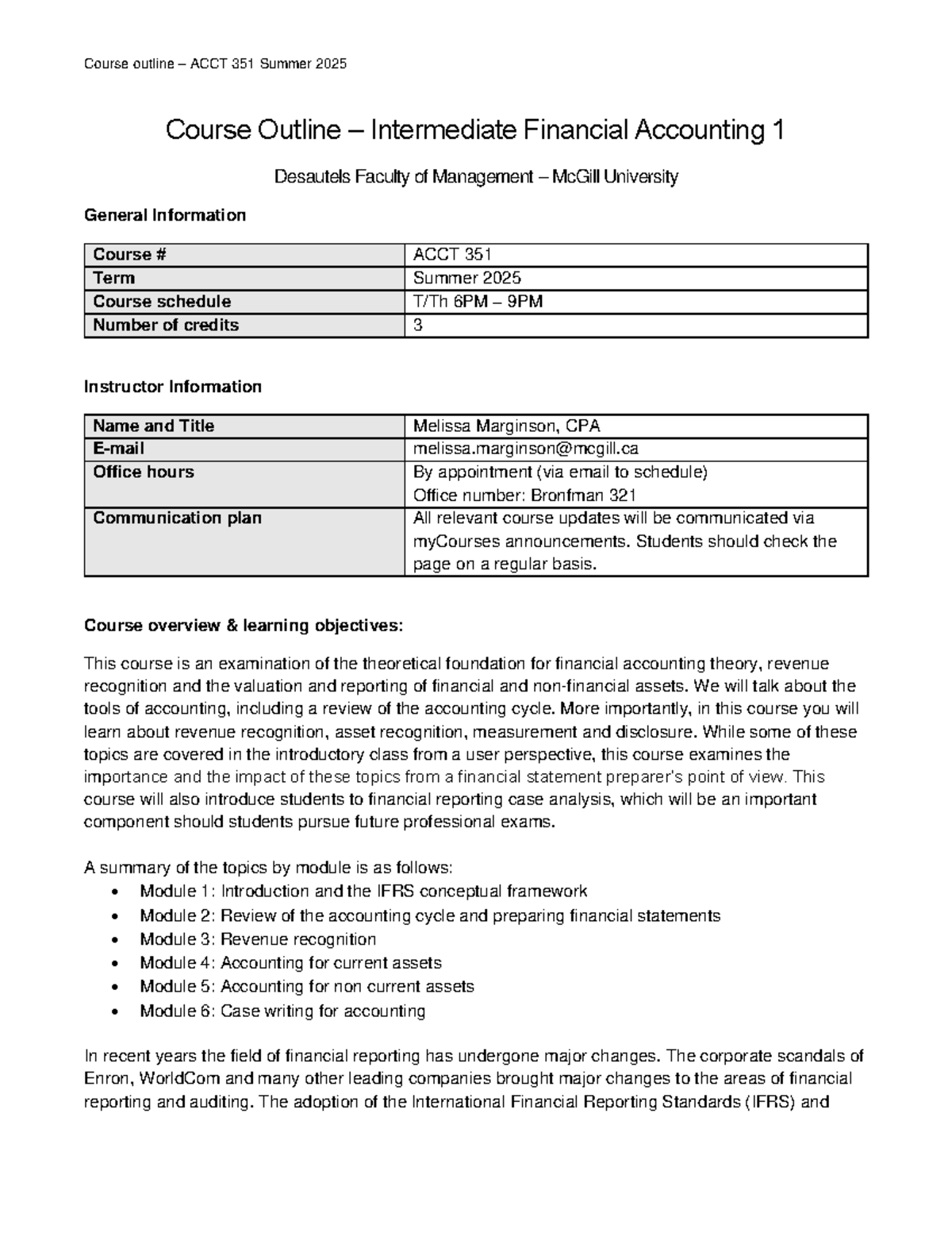 Course Outline ACCT 351: Intermediate Financial Accounting 1 - Summer ...