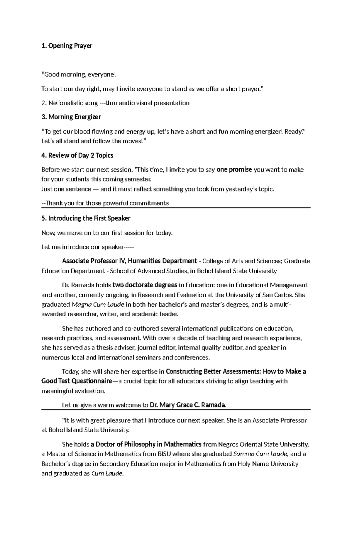 BISU 101: Morning Program Script with Key Sessions and Activities - Studocu
