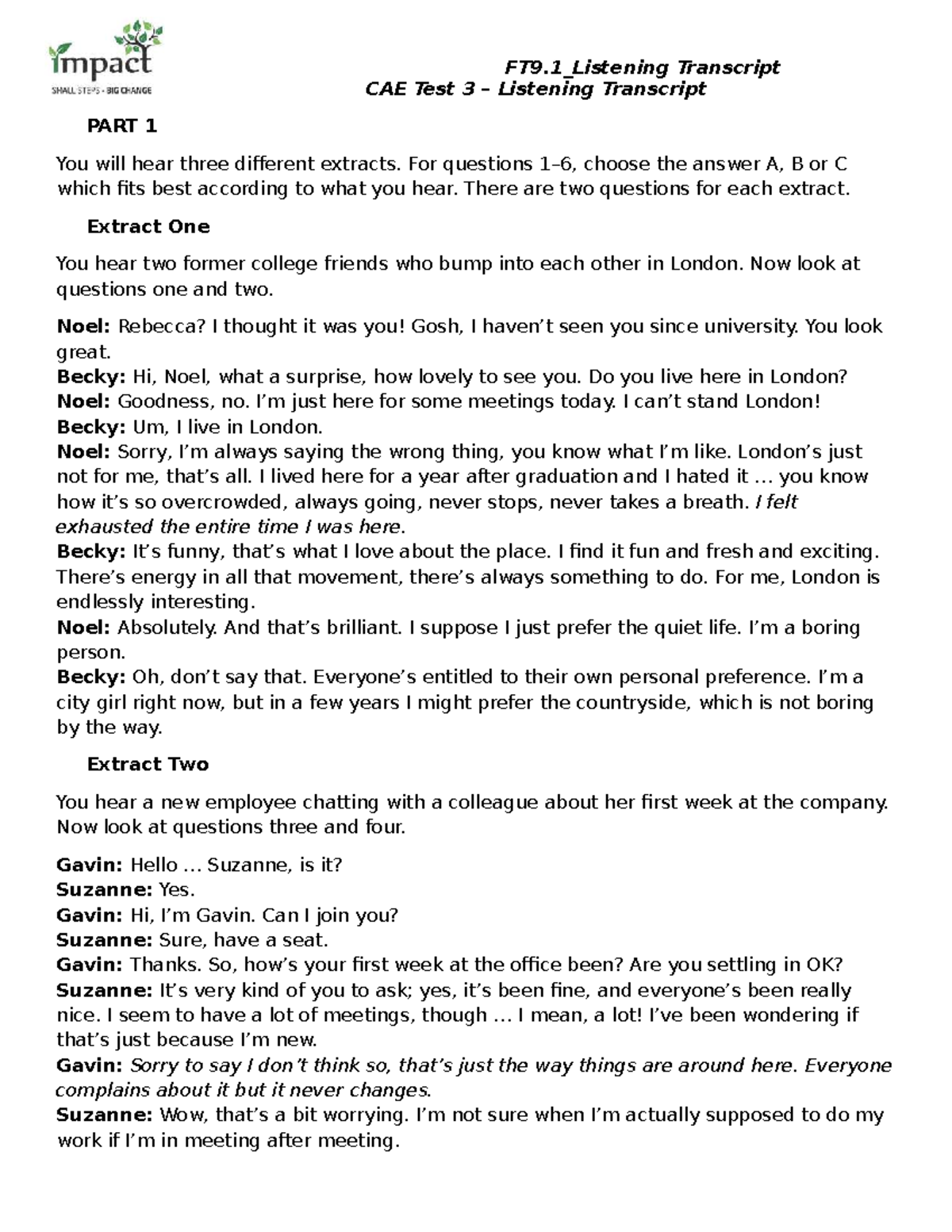 FT9.1 Listening Transcript - CAE Test 3: Extracts & Community ...
