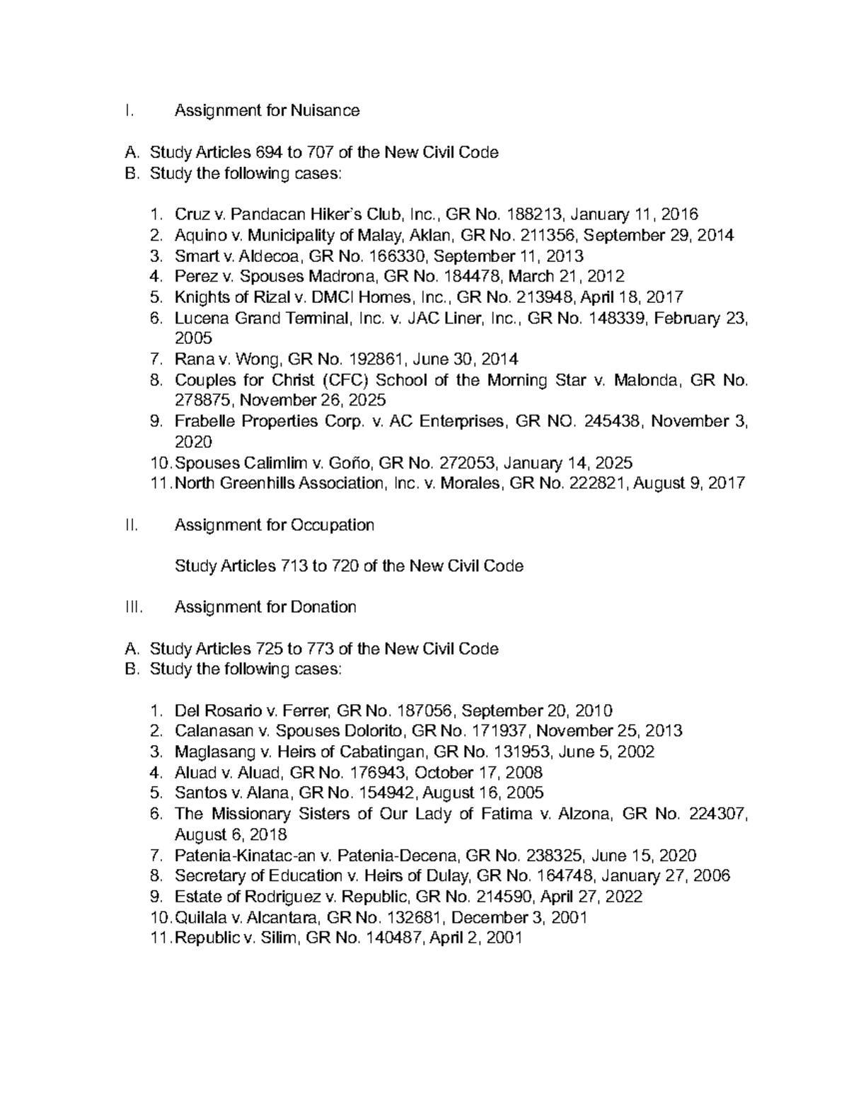 Nuisance, Occupation & Donation Assignments: Articles & Cases - Studocu