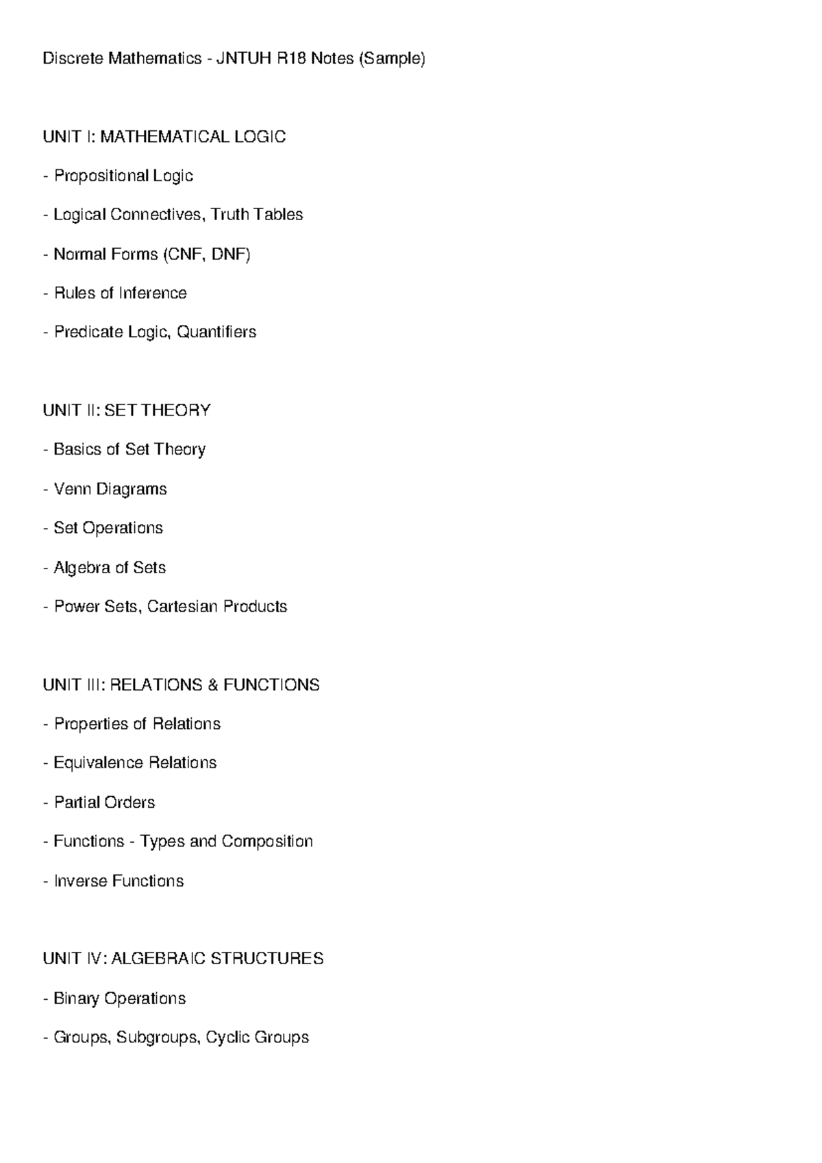 Discrete Mathematics JNTUH R18 Sample Notes on Logic & Set Theory - Studocu