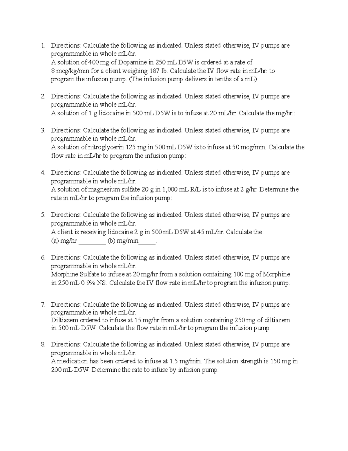 MS2 Dosage Calculation Practice Problems for IV Medications - Studocu