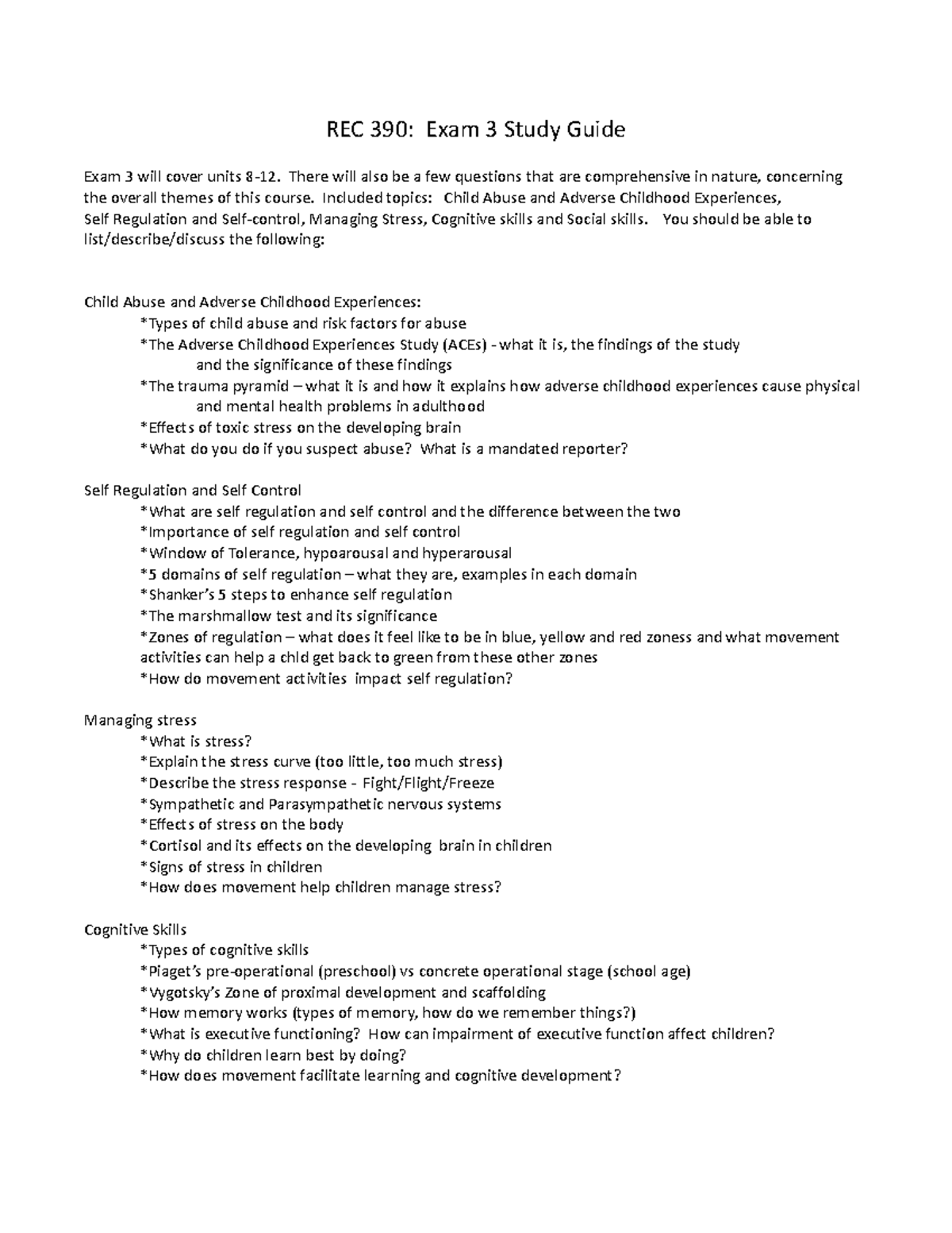 REC 390: Exam 3 Study Guide - Studocu