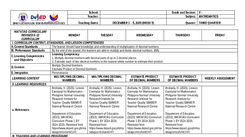 G5 MATH DLL Q3 W5 - Multiplying Decimal Numbers Lesson Plan - Studocu