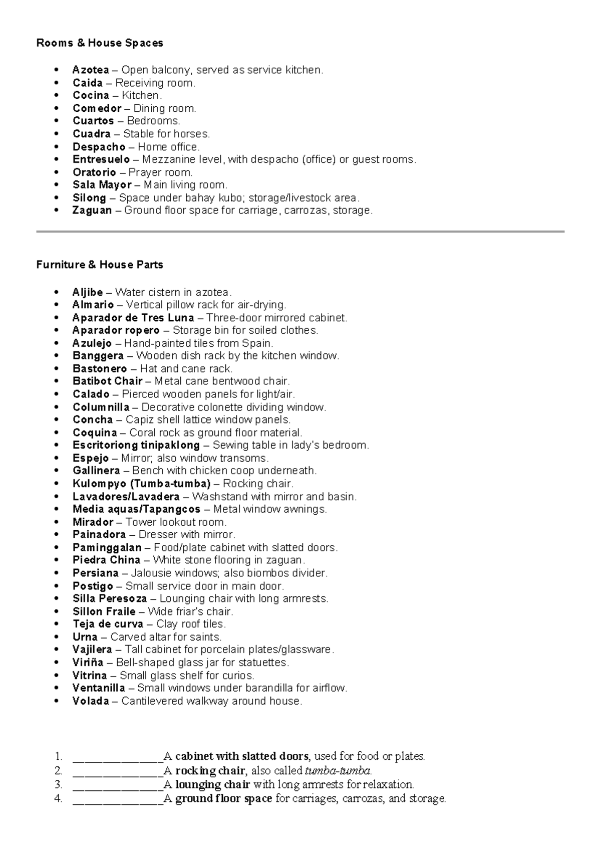 Rooms and Spaces in Traditional Filipino Houses - HOA Notes - Studocu