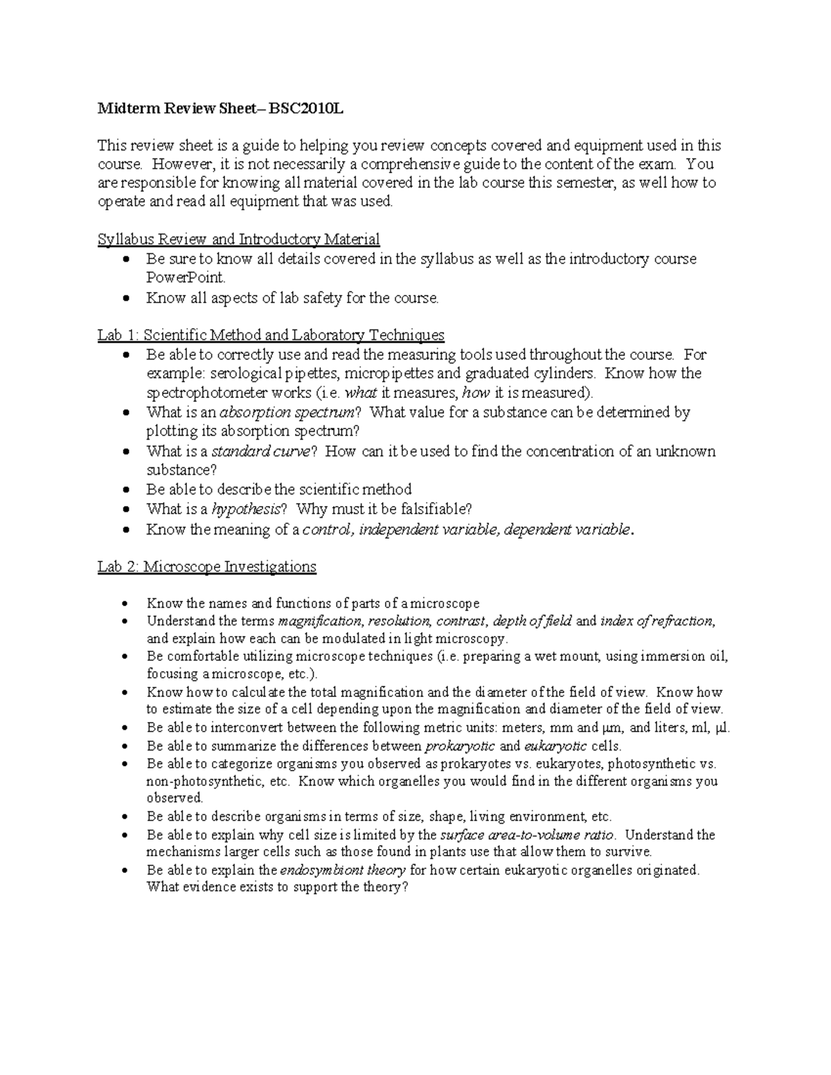 Midterm Review Guide for BSC2010L - Spring 2023 - Studocu