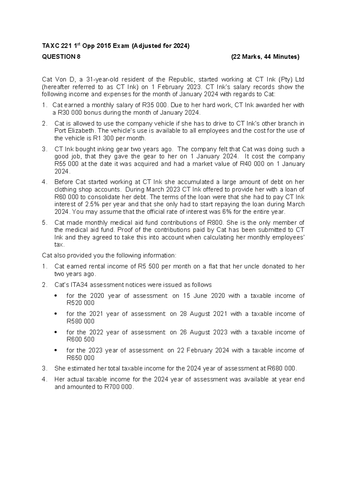 Cat+von+D Questsion+ 2024 - TAXC 221 1st Opp 2015 Exam (Adjusted for ...