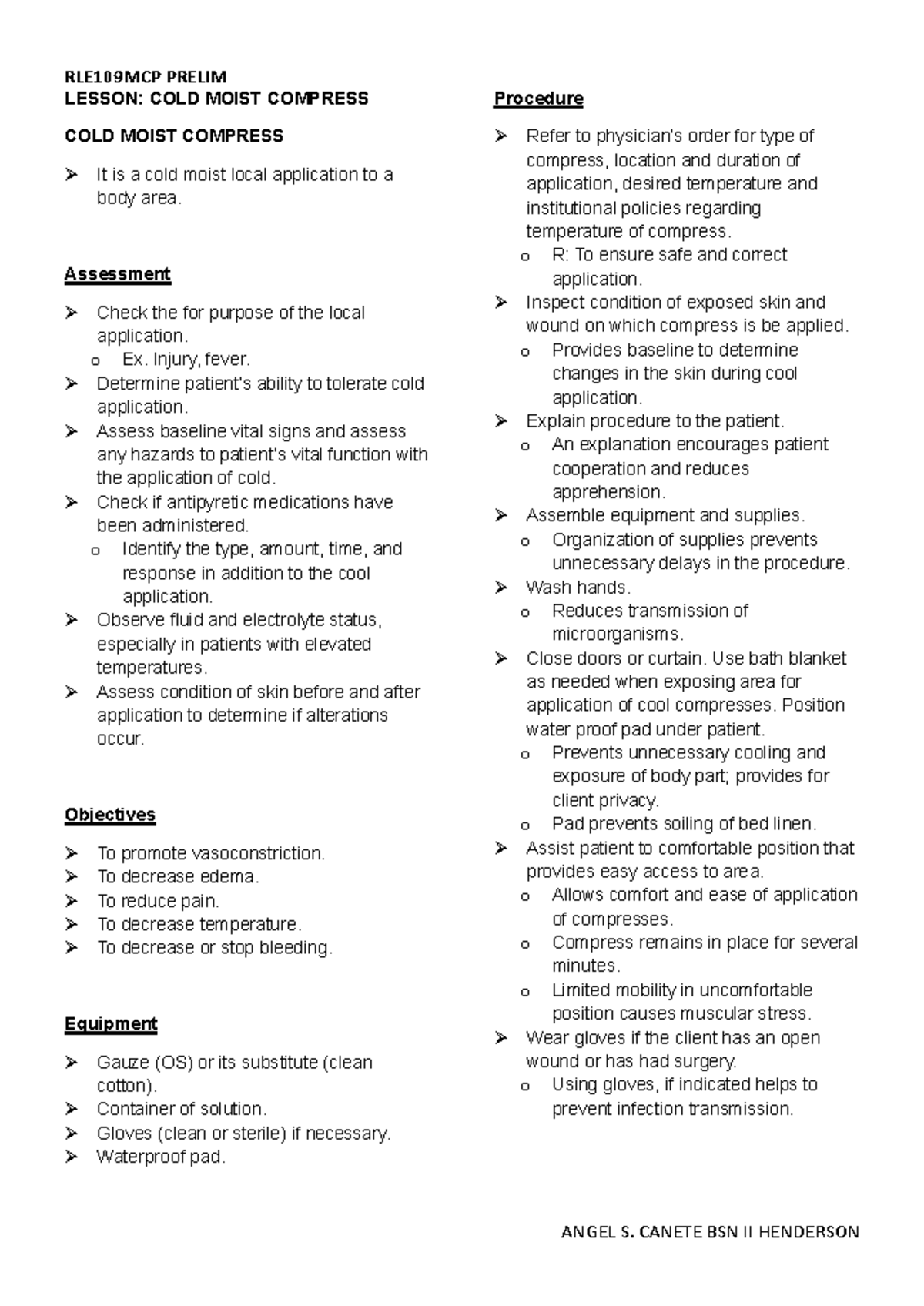 RLE109MCP-Prelim - notes - LESSON: COLD MOIST COMPRESS COLD MOIST ...