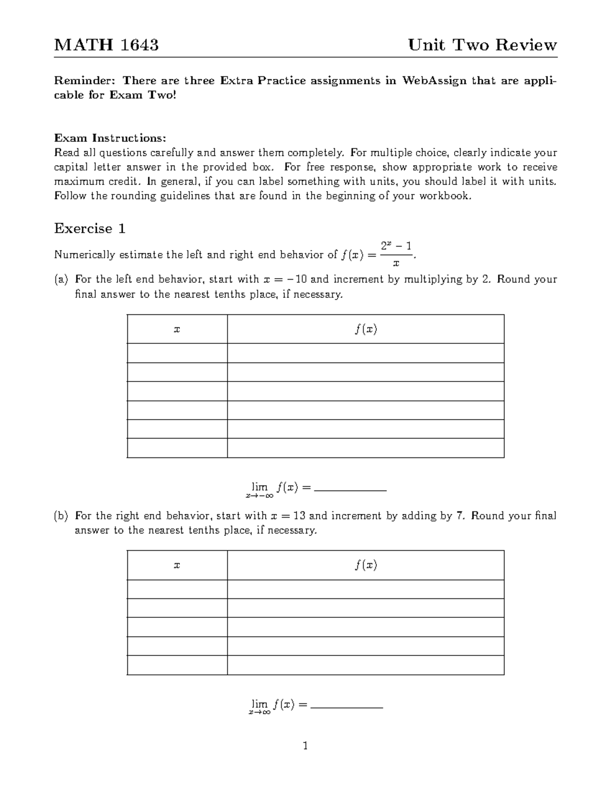 MATH 1643 Unit Two Review: Exam Preparation and Practice Exercises ...