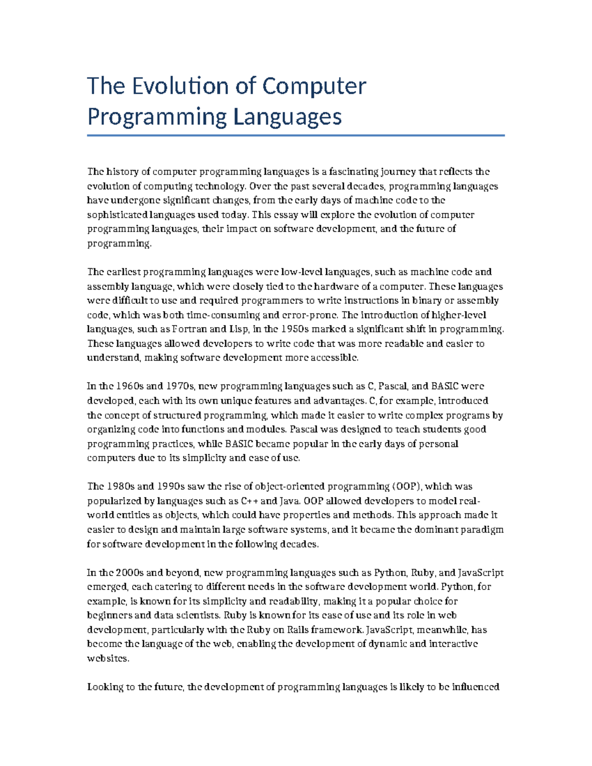 The Evolution of Programming Languages: A Historical Perspective - Studocu