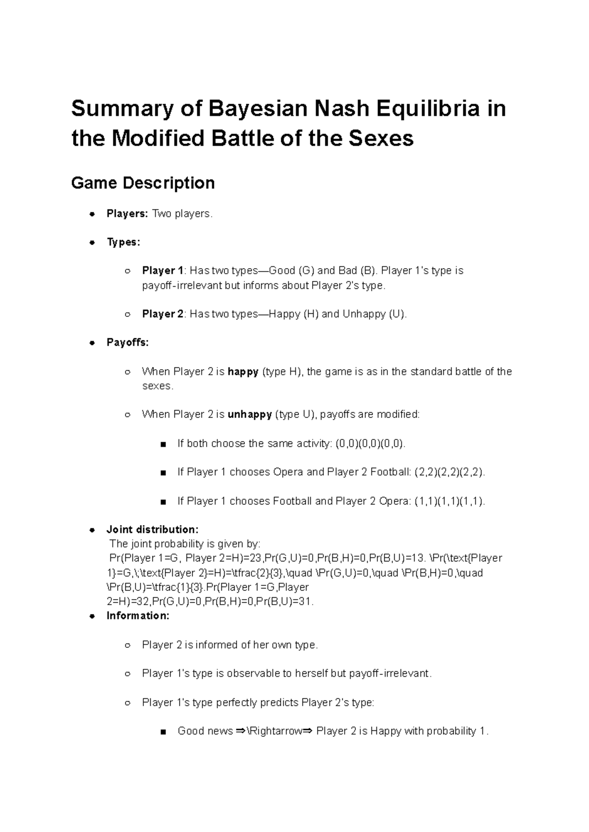 Summary of Bayesian Nash Equilibria in the Modified Battle of the Sexes ...