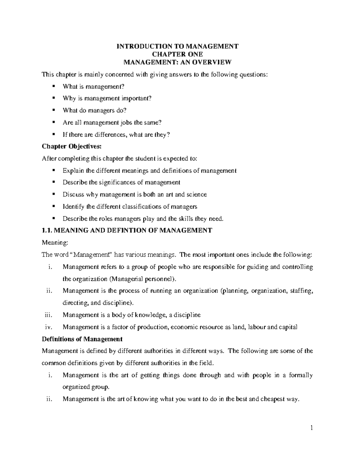 Introduction manage,t 1-7-1 (1) - INTRODUCTION TO MANAGEMENT CHAPTER ...