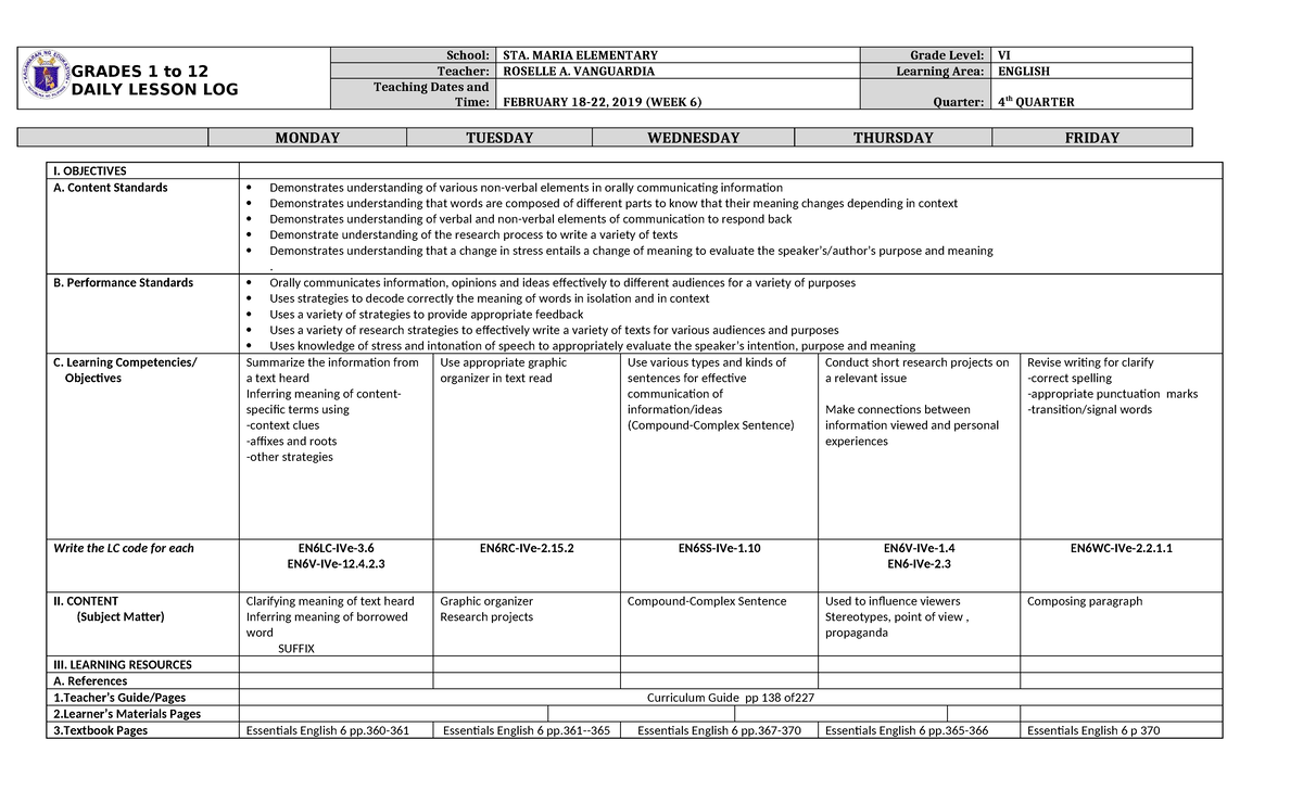 DLL English-6 Q4 W6 - Daily Lesson Log Overview - Studocu