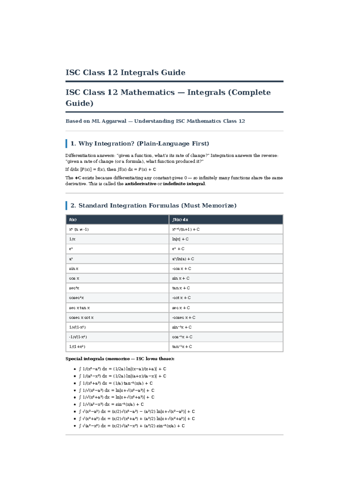 ISC Class 12 Mathematics Integrals Study Guide (ML Aggarwal) - Studocu