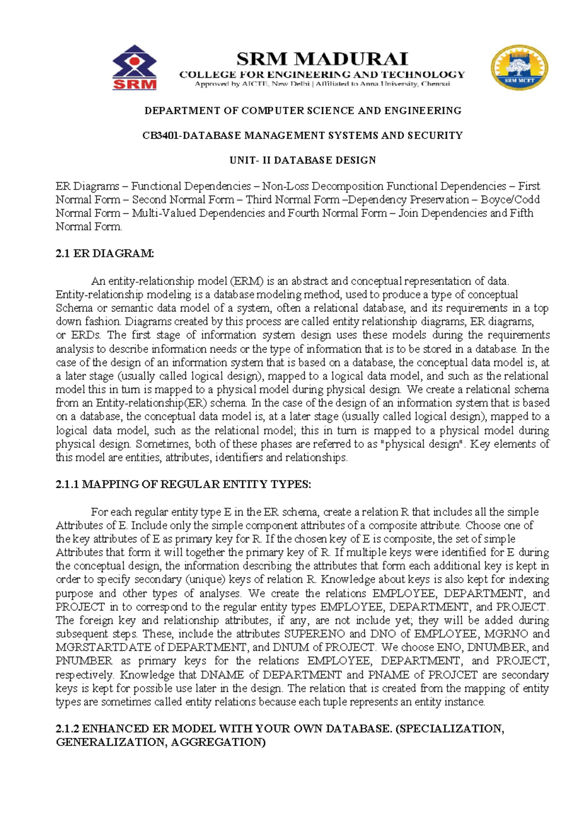 Unit -2 notes - DEPARTMENT OF COMPUTER SCIENCE AND ENGINEERING CB3401 ...