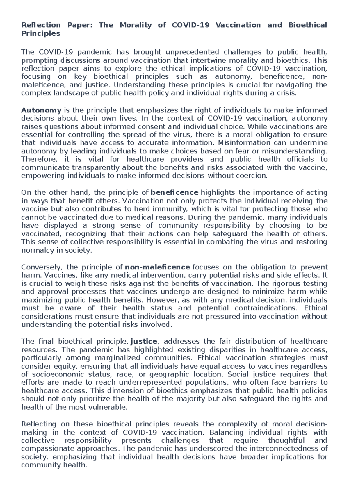 Reflection Paper: Morality of Vaccination & Bioethics Principles - Studocu