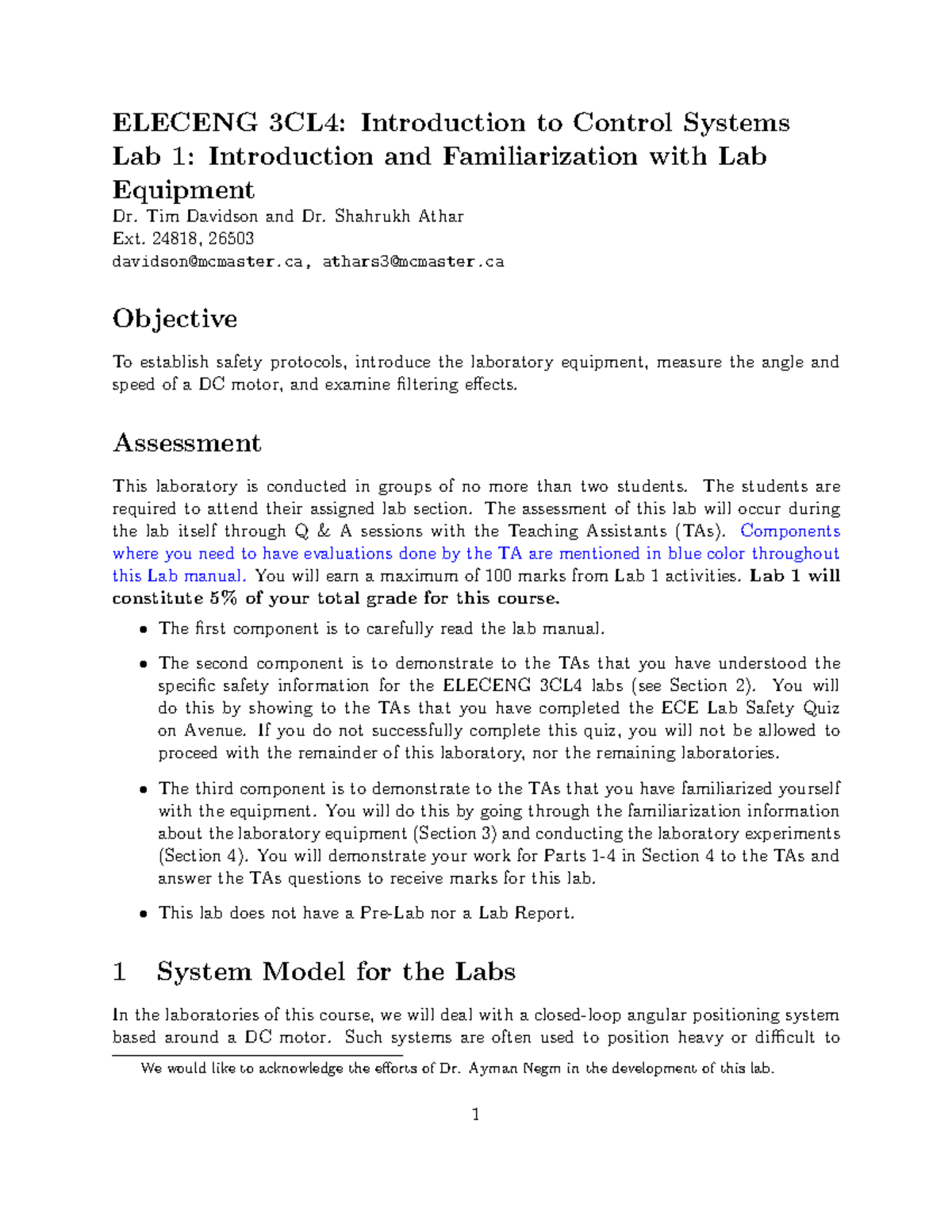 EE3CL4 Lab 1 Manual: Control Systems Equipment Familiarization - Studocu