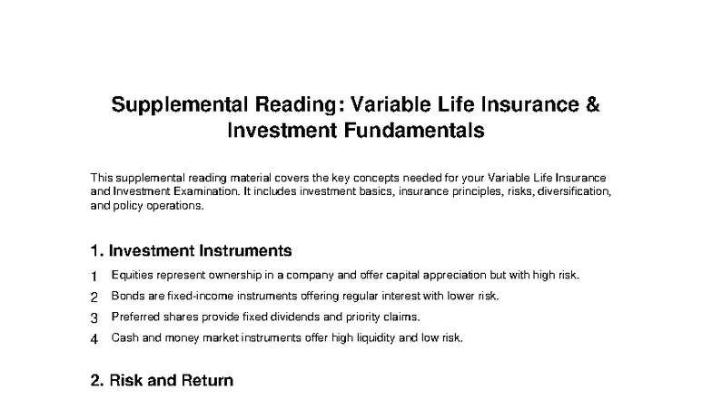 Variable Life Insurance Investment Fundamentals: Supplemental Reading ...