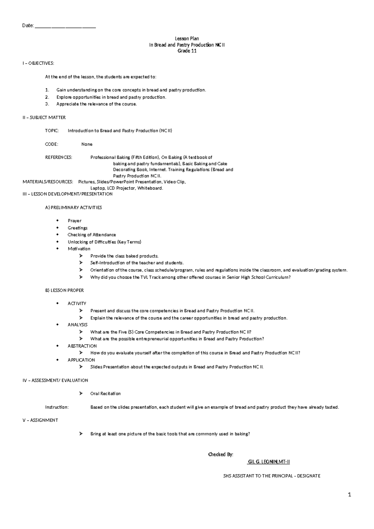 Lesson Plan: Bread and Pastry Production NC II for Grade 11 - Studocu