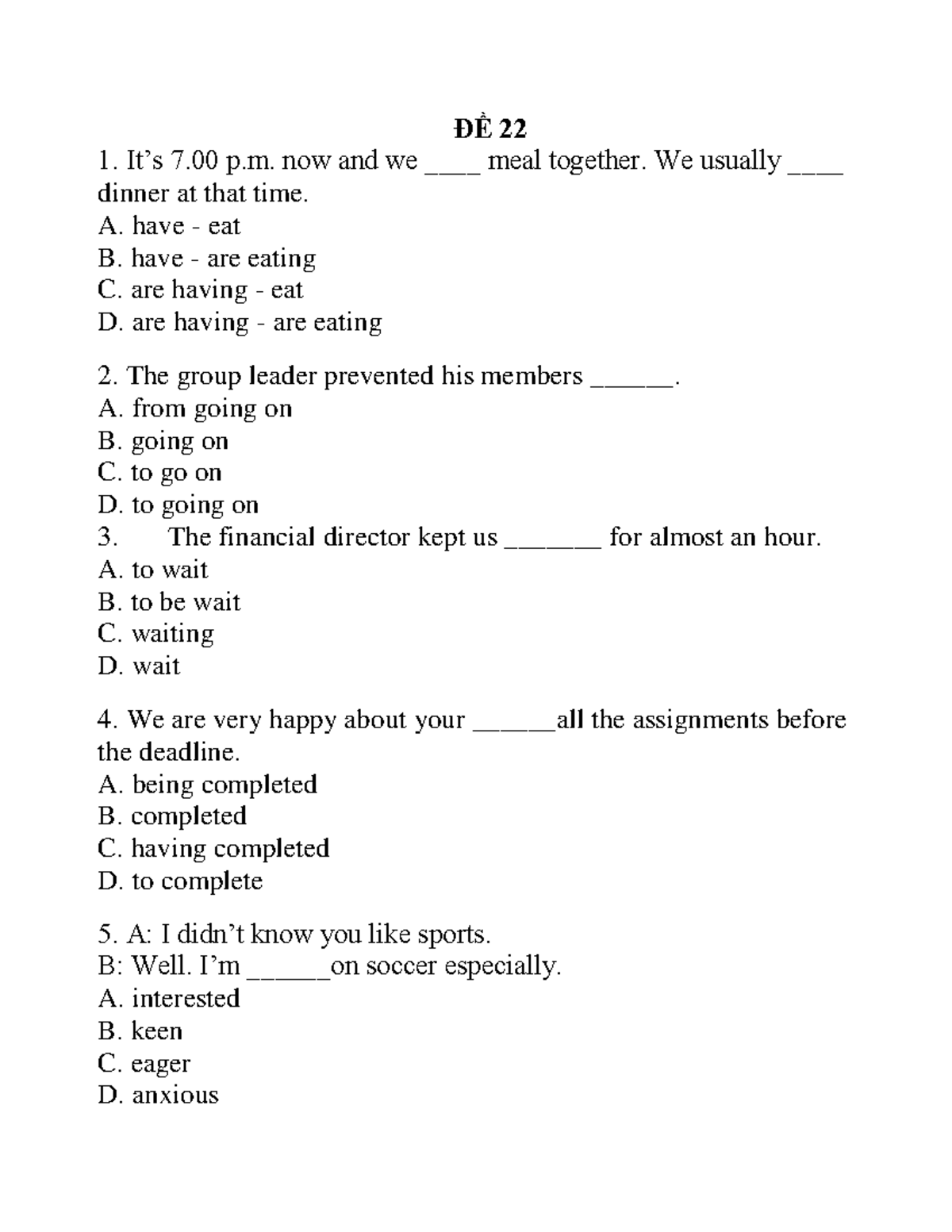 ĐỀ 22 - English Grammar Practice Questions and Answers - Studocu