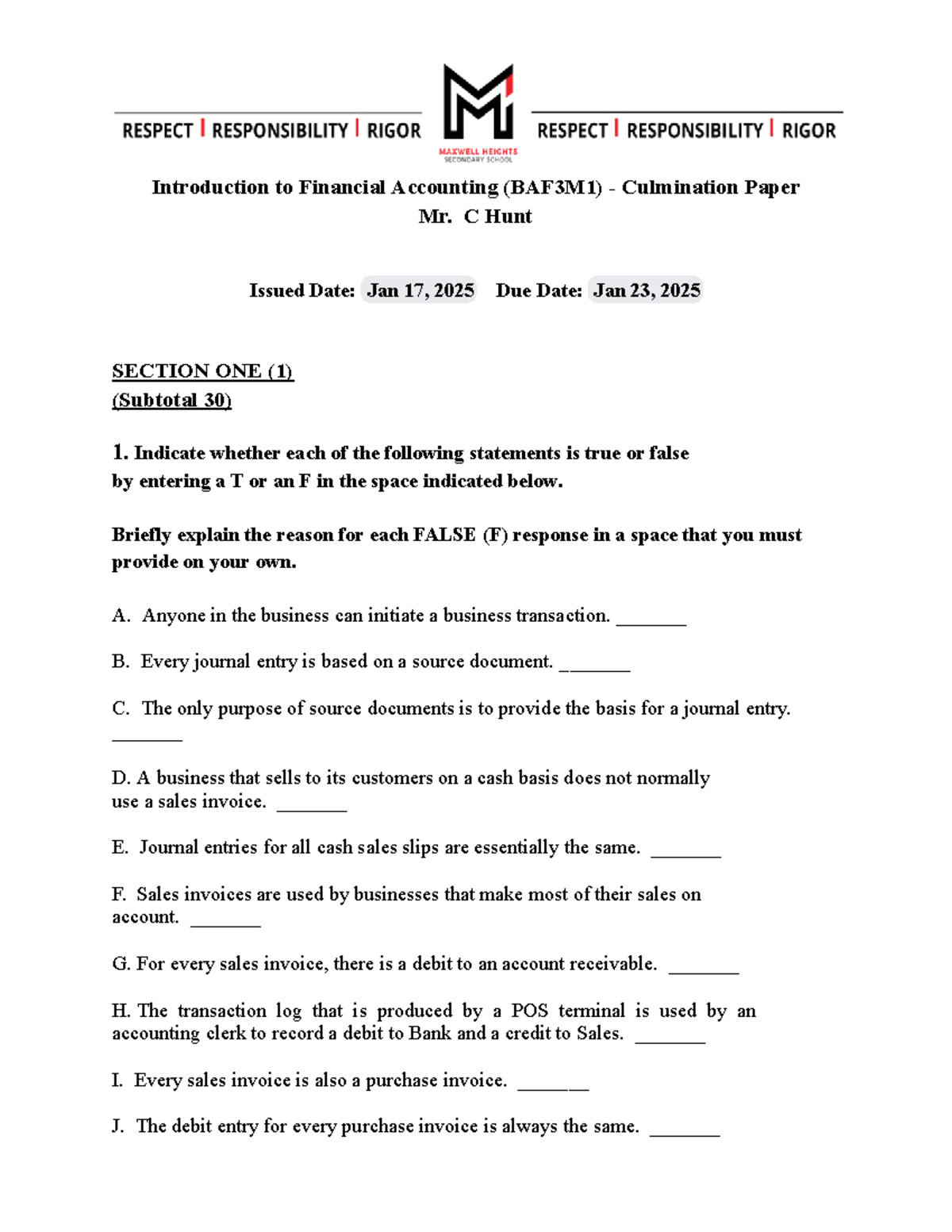 BAF3M - Accounting Final Exam Review 2025 - Studocu