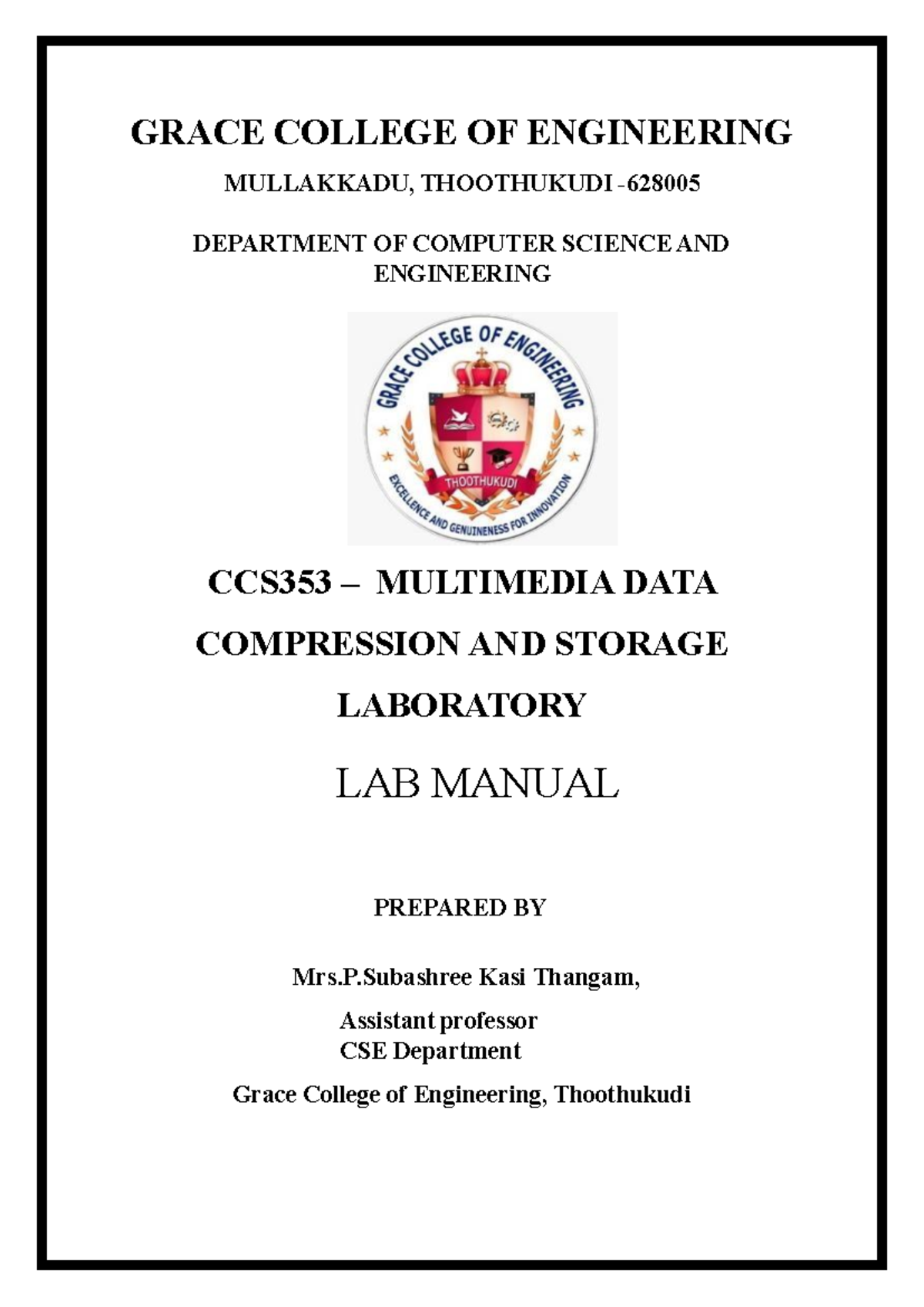 CCS353 Multimedia Data Compression and Storage Lab Manual - Studocu