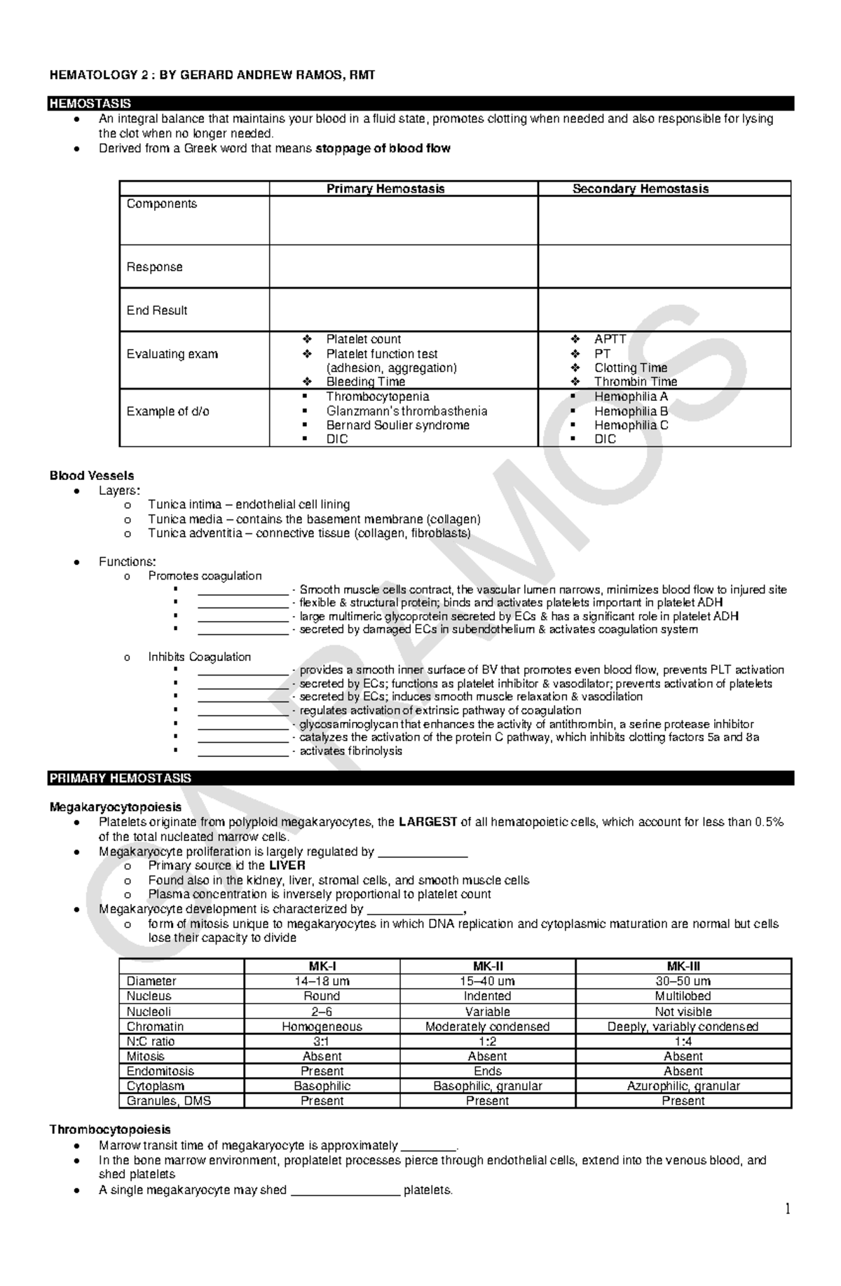 Hemostasis Overview for Hematology 2 (HMTL 2025) Study Notes - Studocu