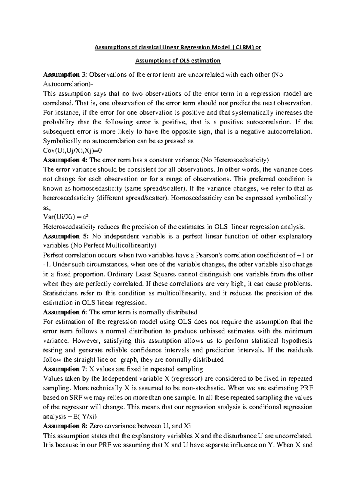 Assumptions of OLS in Classical Linear Regression Model (CLRM) - Studocu
