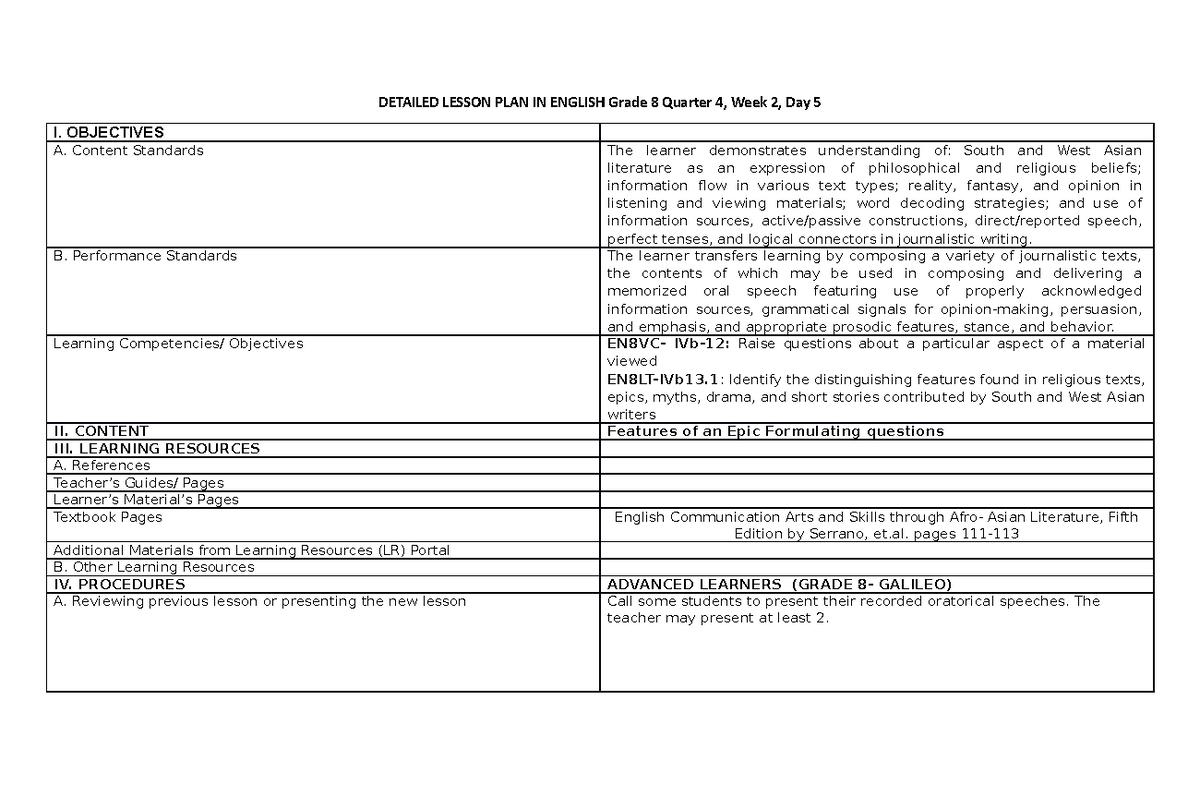 COT DLP 3 - Detailed Lesson Plan for Grade 8 English Week 2 - Studocu