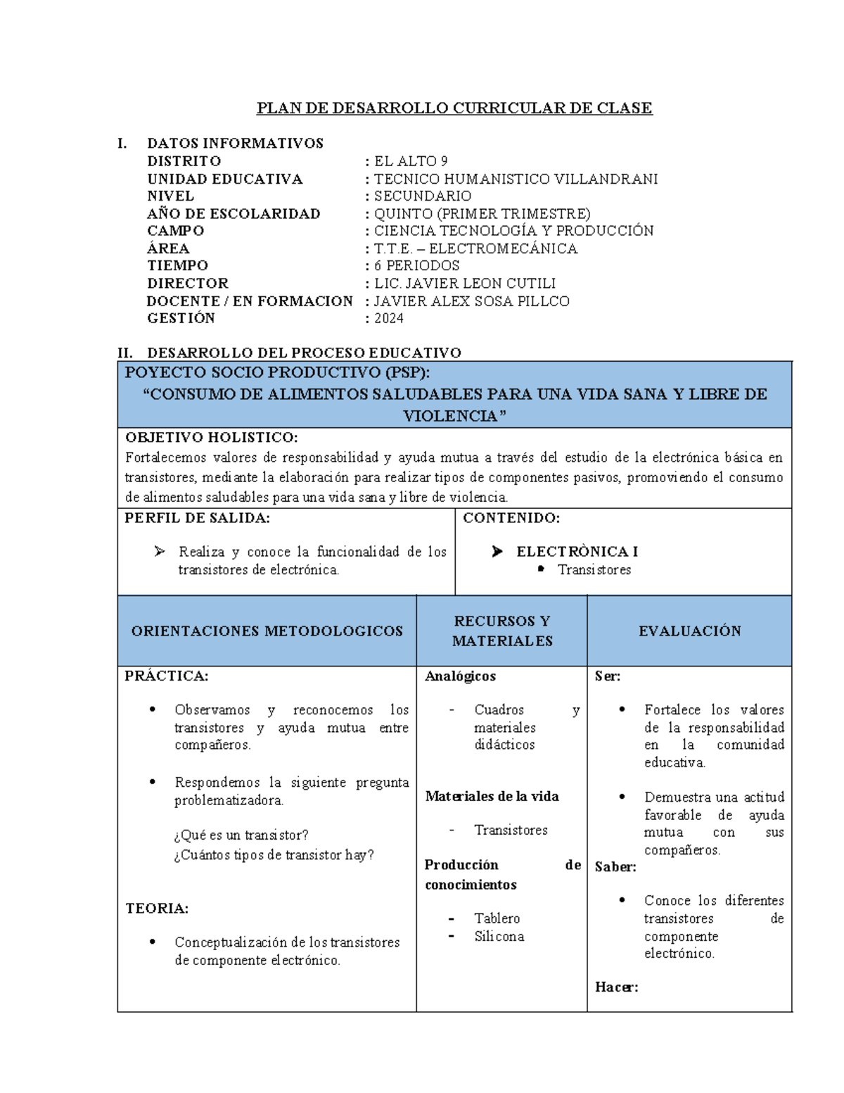PDC DE Transistores - Plan de Desarrollo Curricular 2024 - Studocu