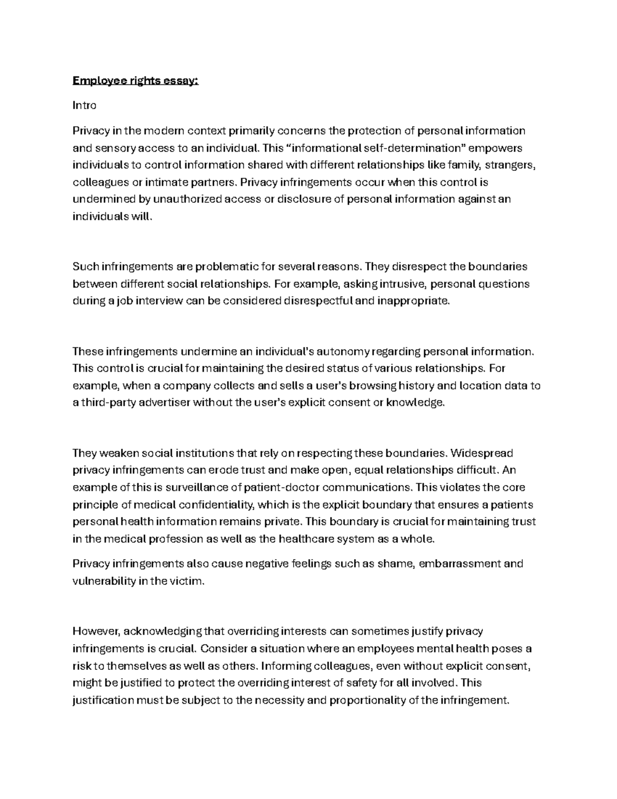 Employee Rights Essay 2: Balancing Privacy and Safety - Studocu