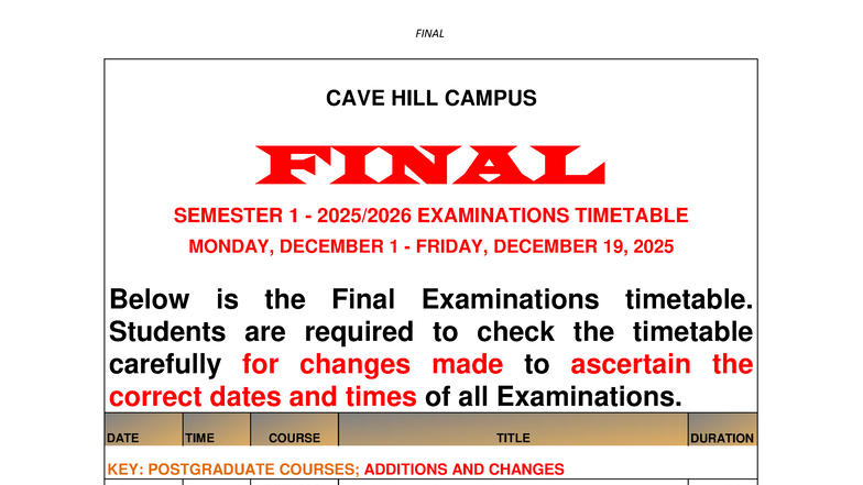 FINAL EXAM TIMETABLE SEMESTER 1 2025 CAVE HILL CAMPUS - Studocu