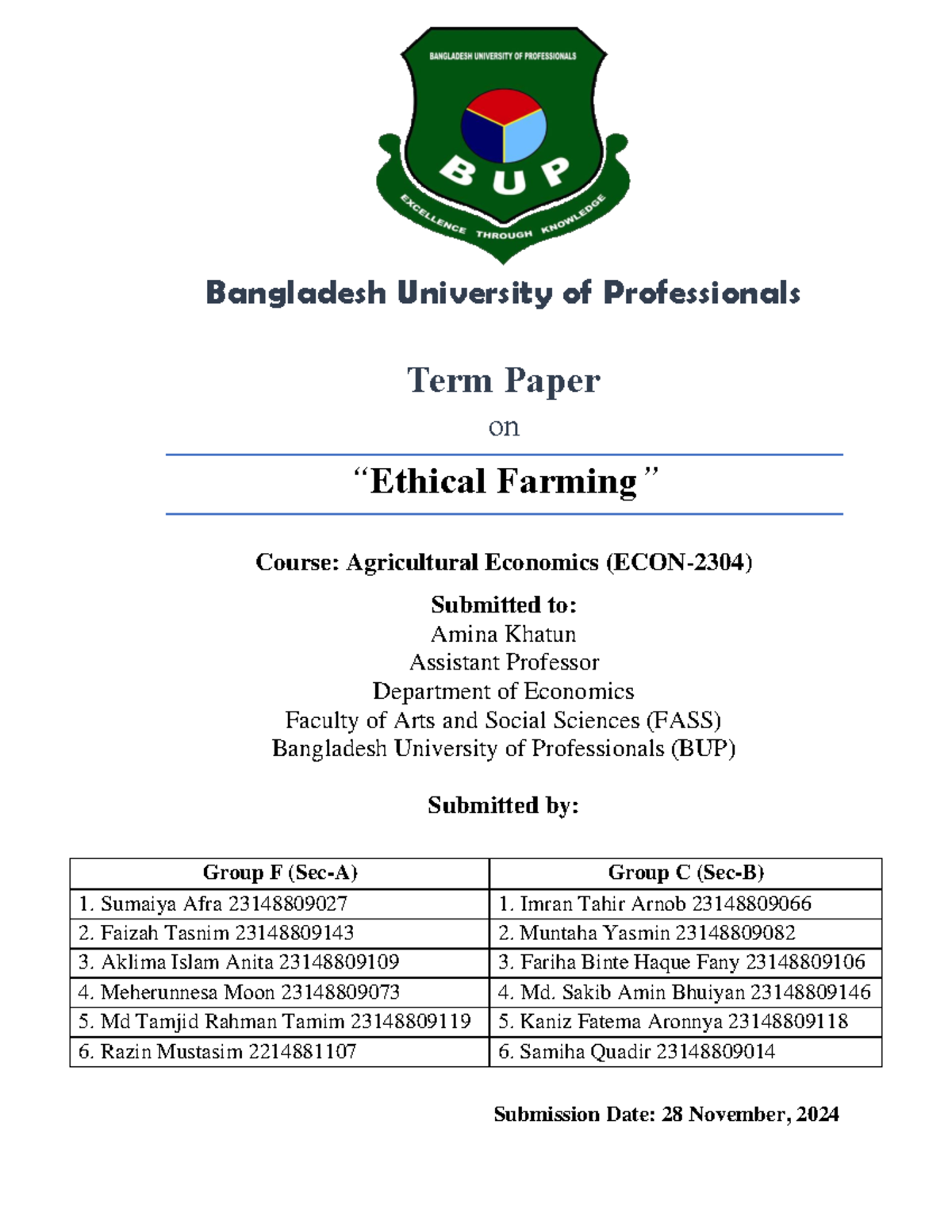 Agriconomics Termpaper Final - Bangladesh University of Professionals ...