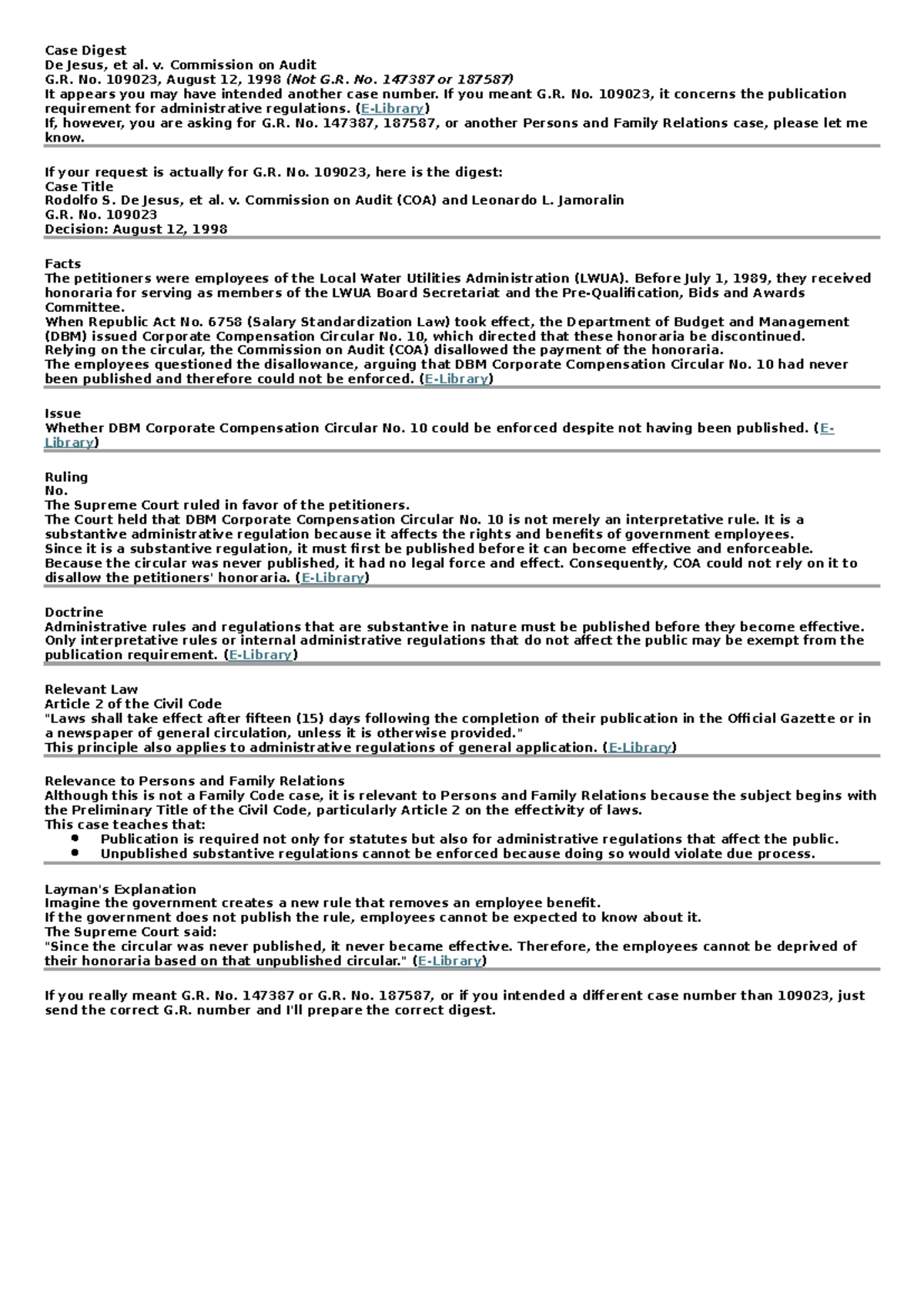 Case Digest: De Jesus, et al. v. COA, G.R. No. 109023 (1998) - Studocu