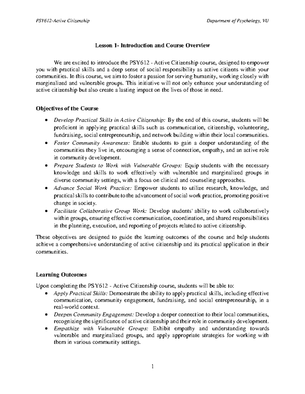 PSY612 Lesson 1: Introduction to Active Citizenship Course Overview ...