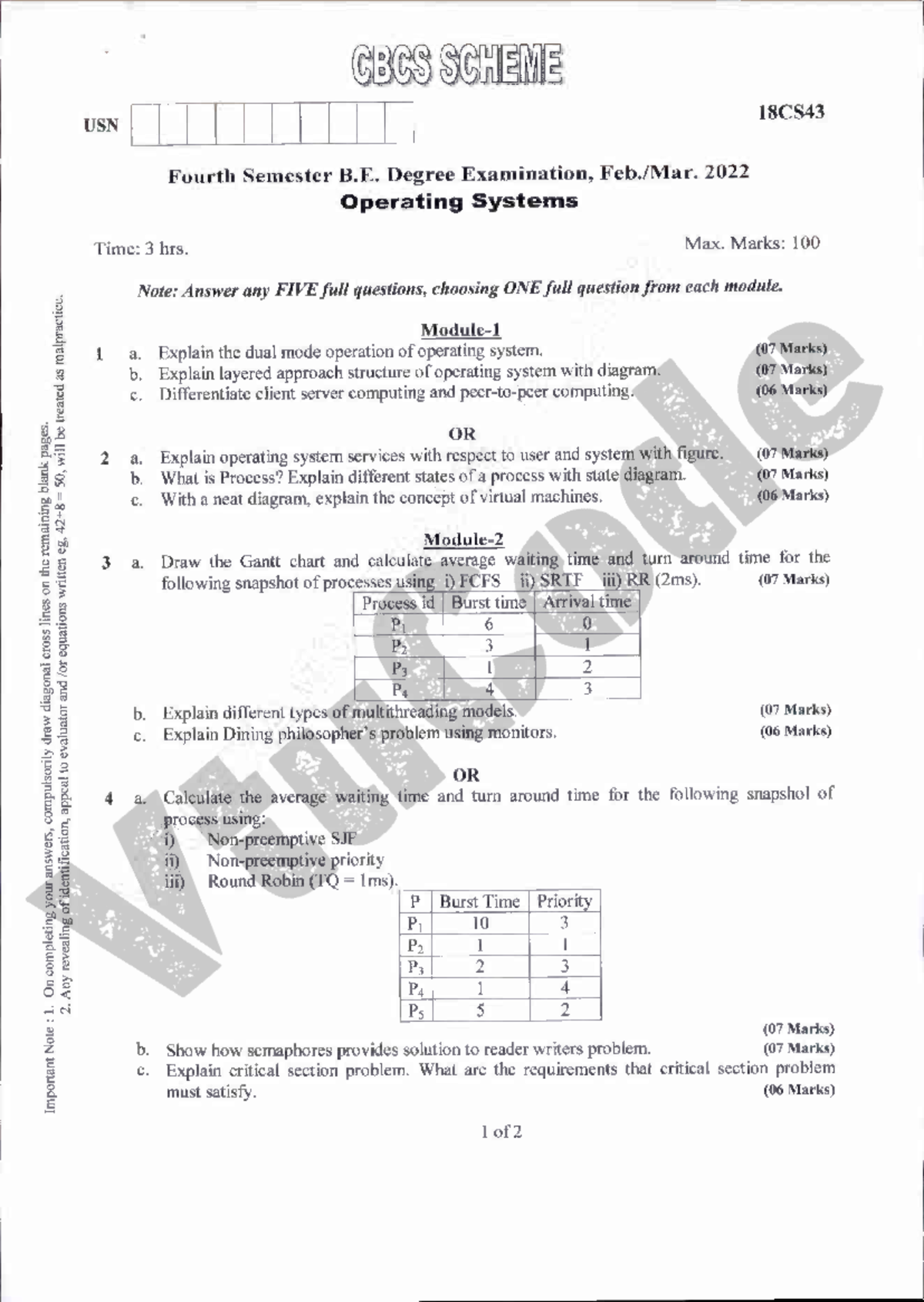 Operating Systems 18CS43 - Previous Year Exam Paper Analysis - Studocu