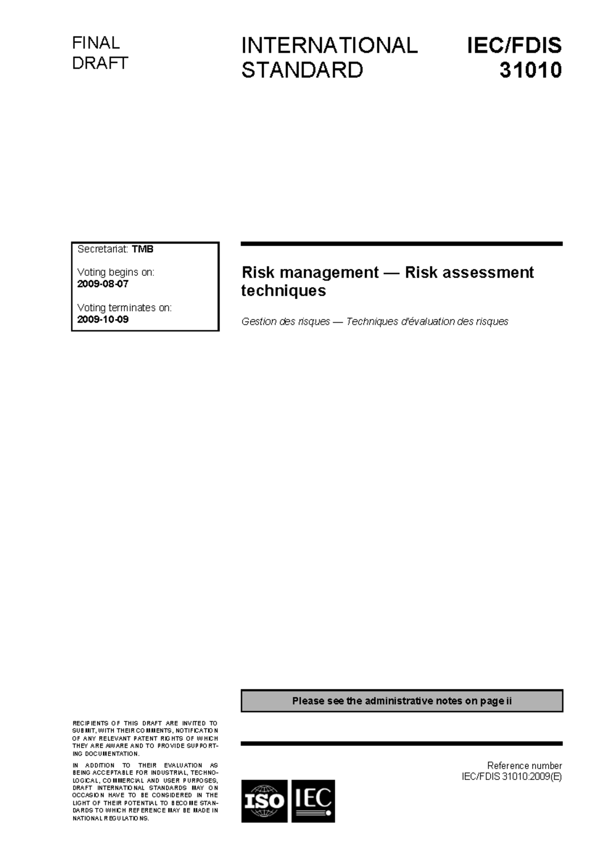 ISO 31010:2009(E) Final Draft on Risk Management Techniques - Studocu