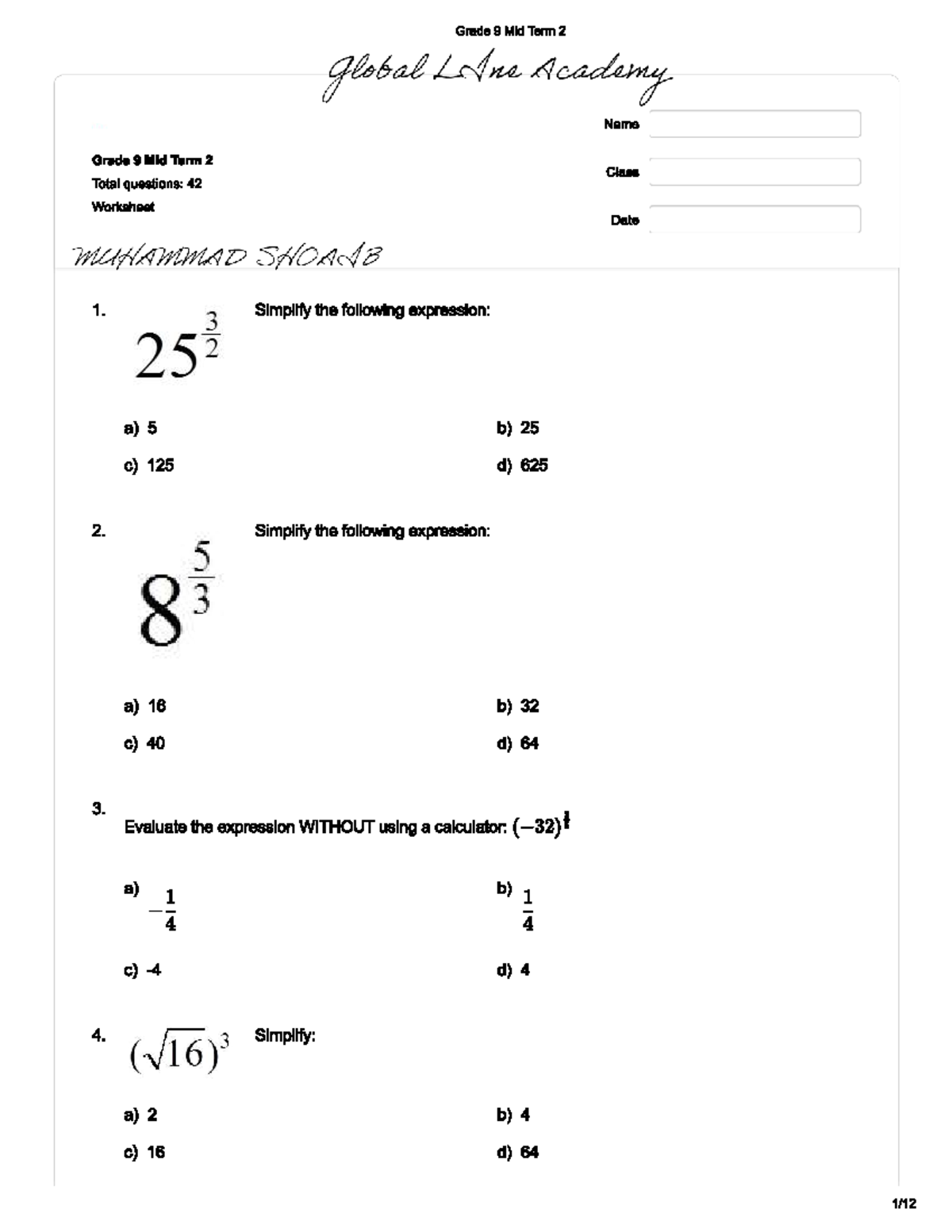 Grade 9 Math Midterm 2 Worksheet - Simplification & Functions - Studocu