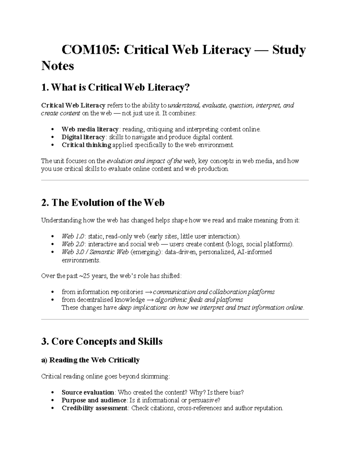 COM105: Comprehensive Study Notes on Critical Web Literacy - Studocu