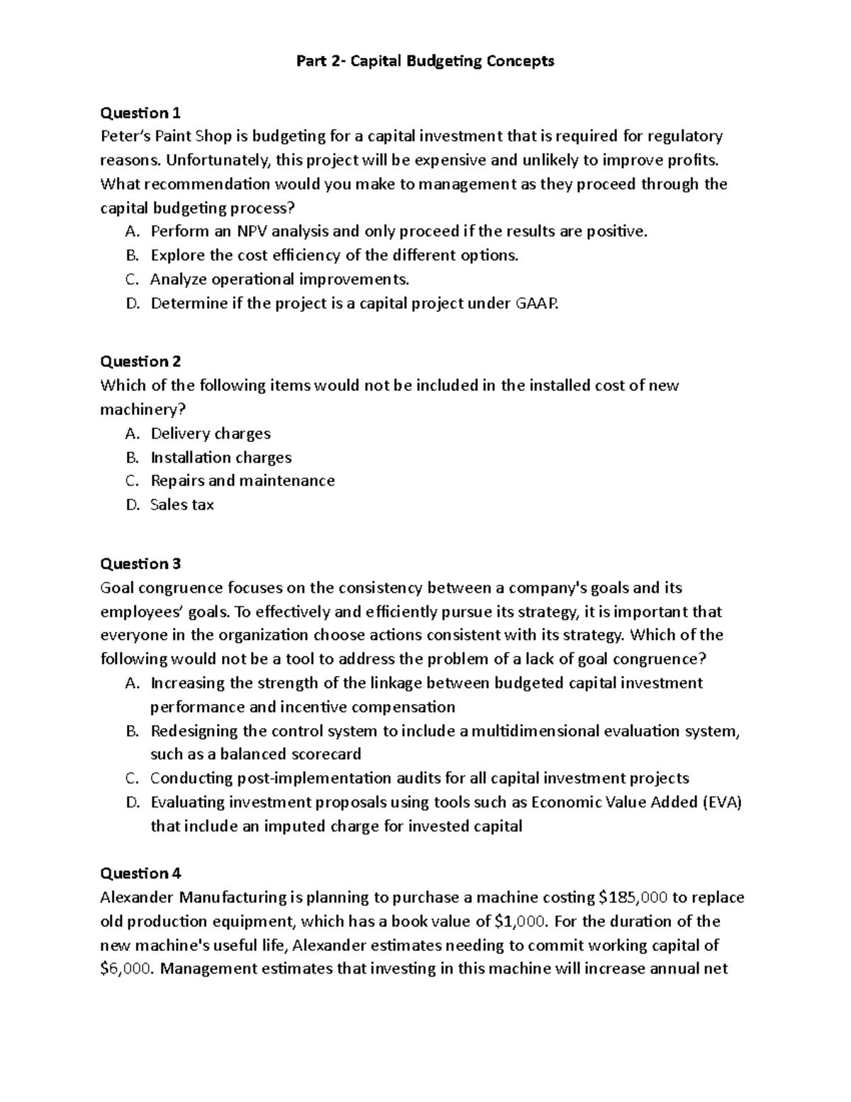 Part 2 - Capital Budgeting Concepts Questions and Analysis - Studocu
