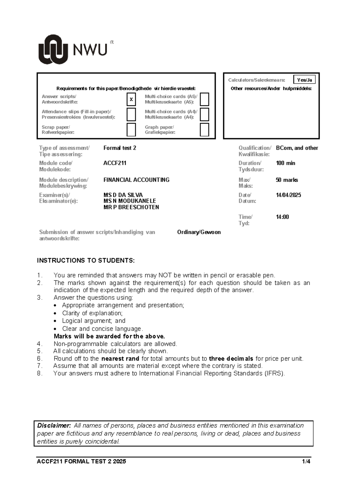 2025 ACCF211 Formal Test 2: Financial Accounting Requirements - Studocu