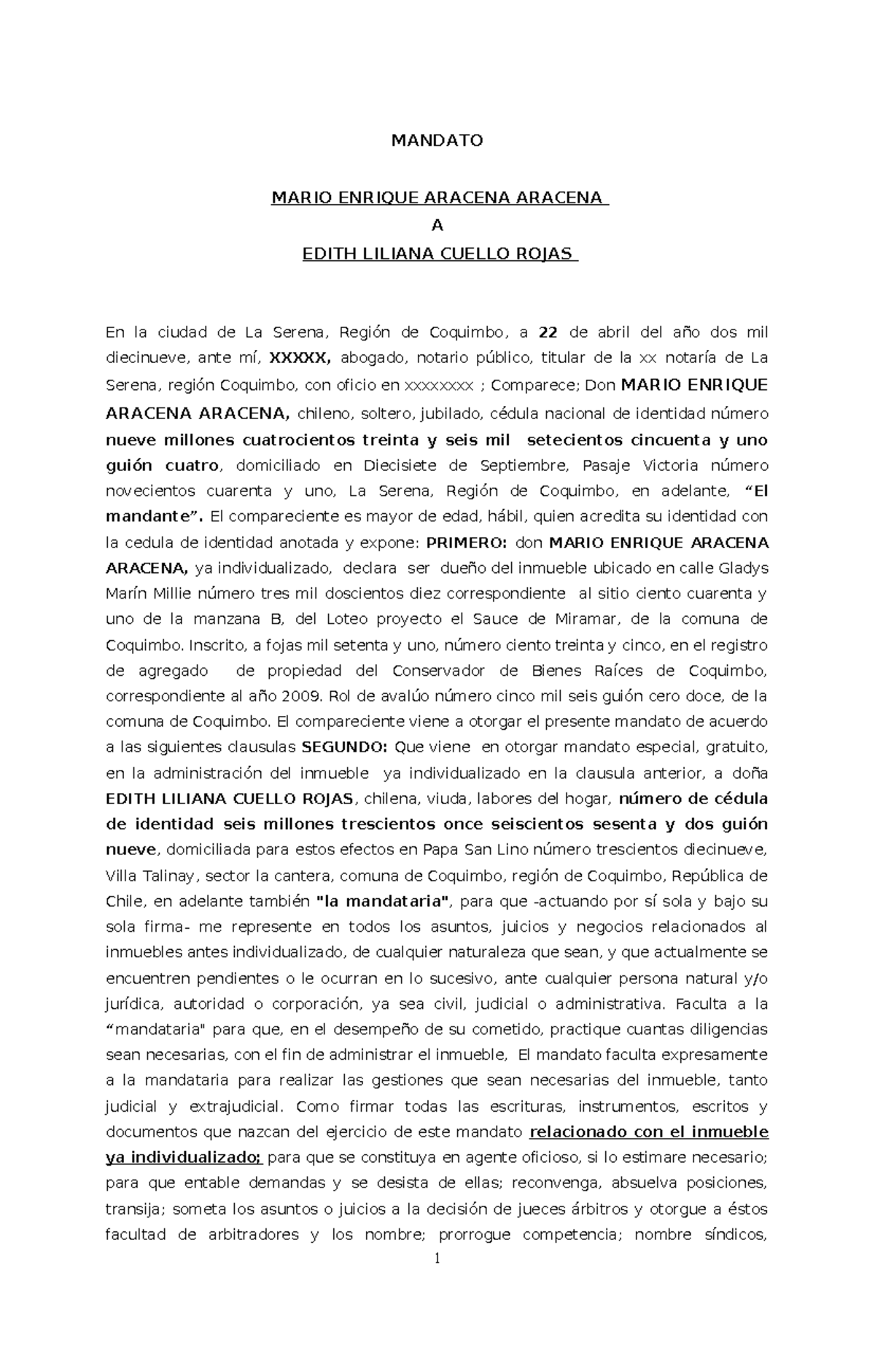 Mandato de administración - MANDATO MARIO ENRIQUE ARACENA ARACENA A ...