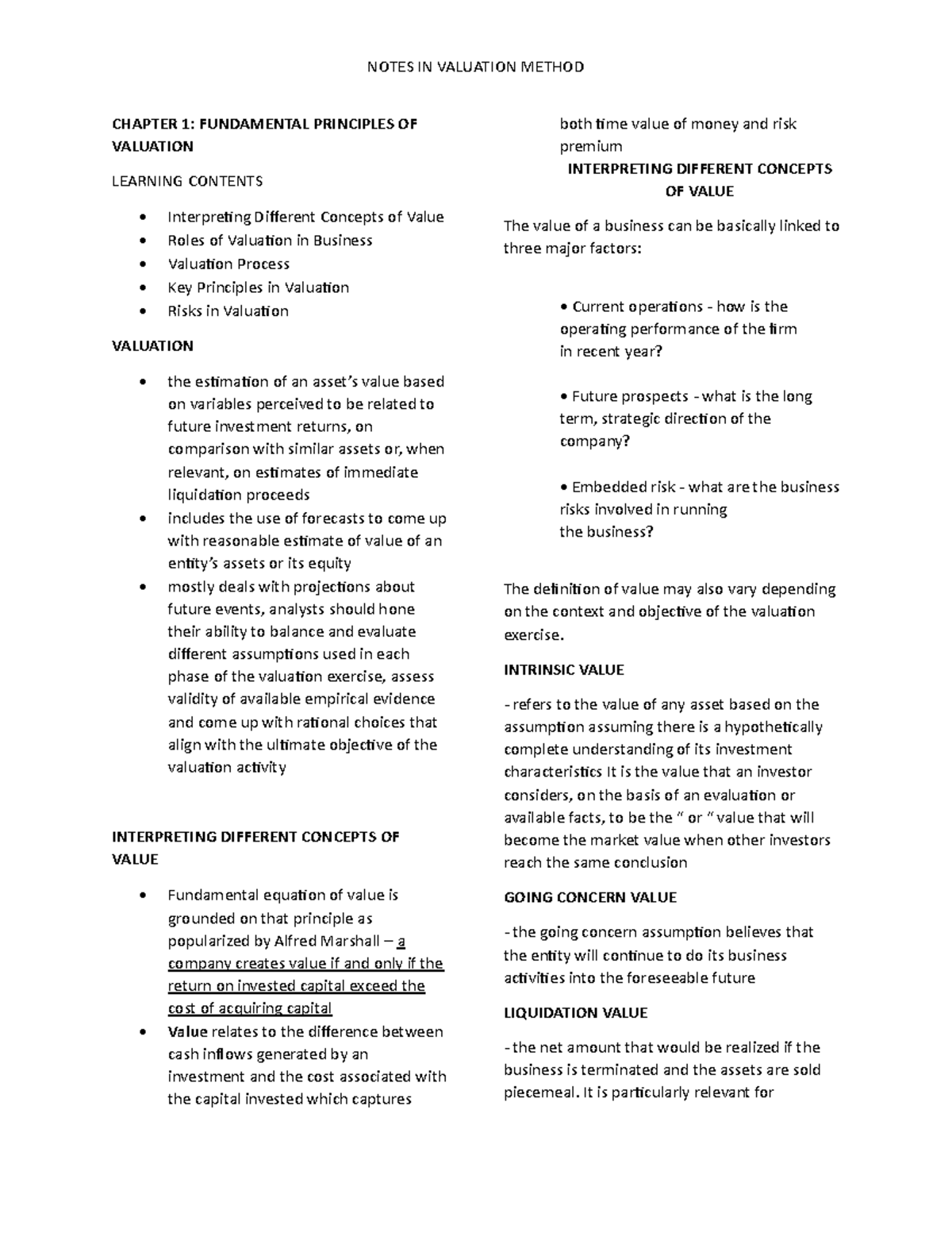 Valuation Method Notes: Chapter 1 - Fundamental Principles - Studocu