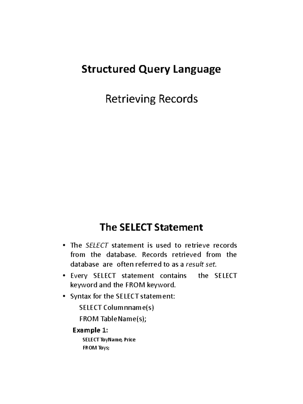SQL Lecture 2 Notes: SELECT & Filtering Techniques in SQL - Studocu