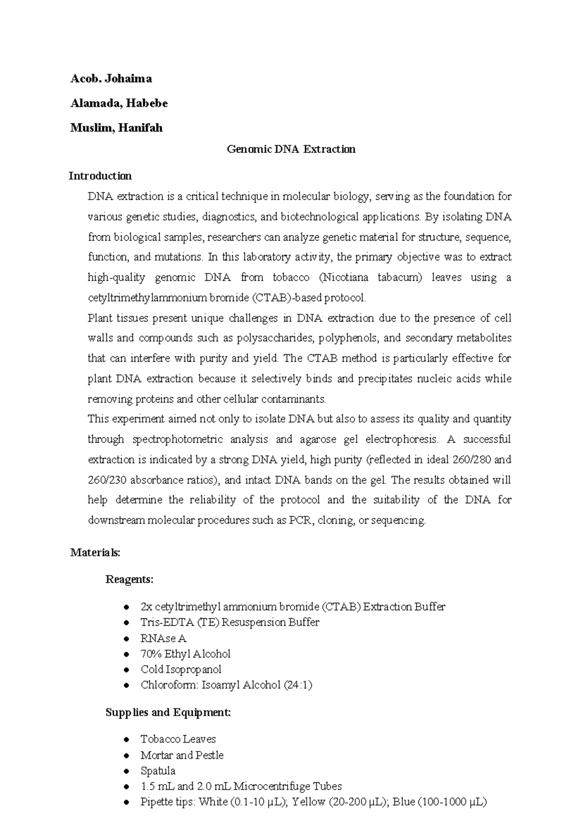 Genomic DNA Extraction from Tobacco Leaves: Lab Report (BIO 101) - Studocu