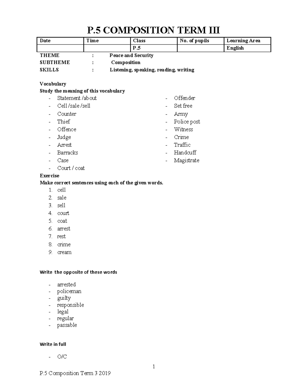 P.5 Composition & Comprehension Lesson Notes Term 3: Peace & Security ...
