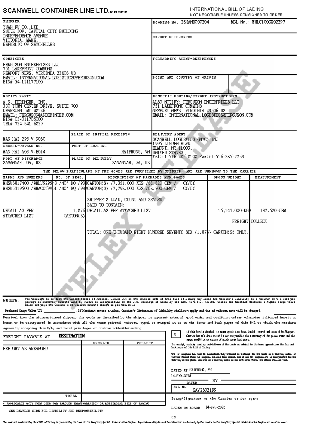 HBL Bill of Lading for Shipment to Savannah, GA - WHLC100GX02297 - Studocu