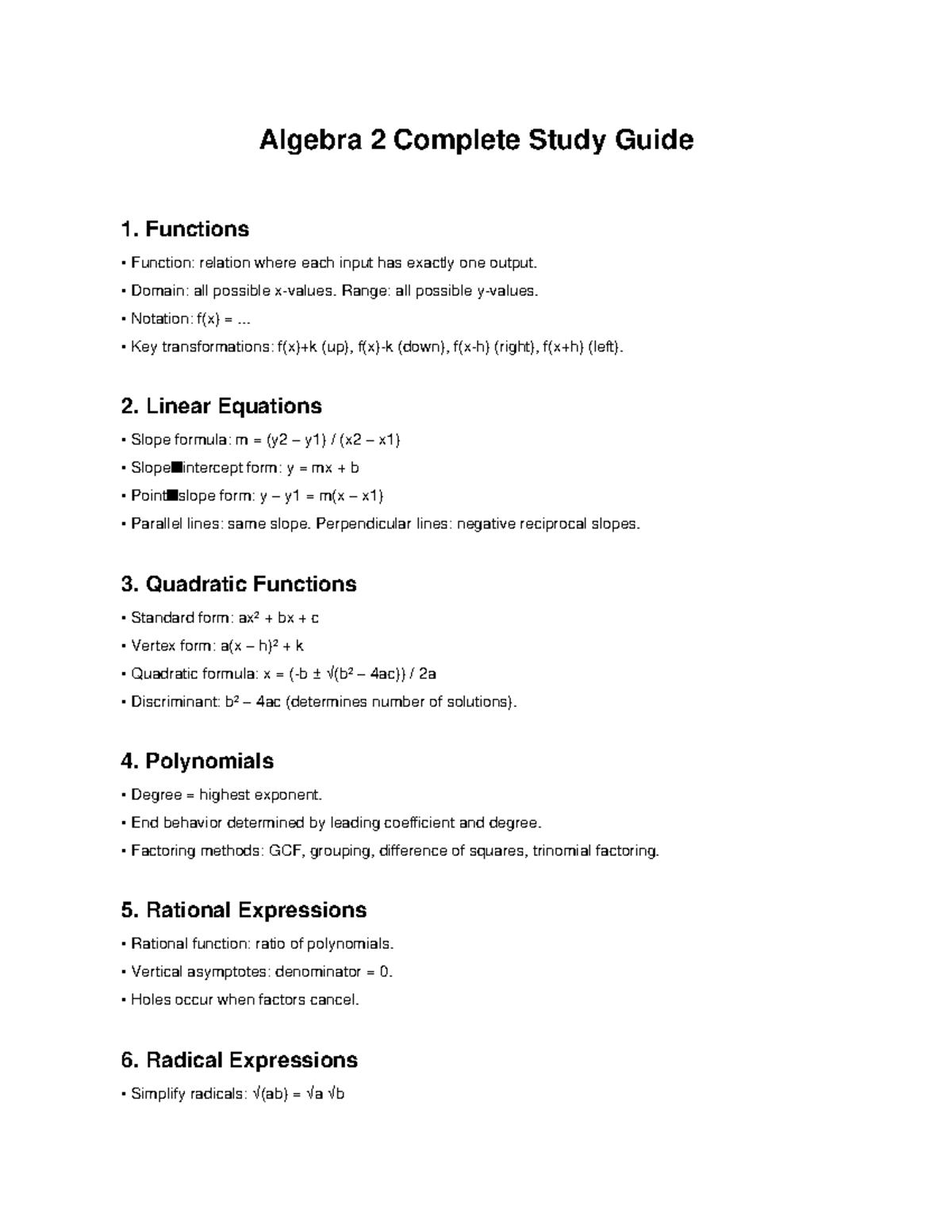 Algebra 2 Study Guide: Functions, Equations, and Polynomials - Studocu