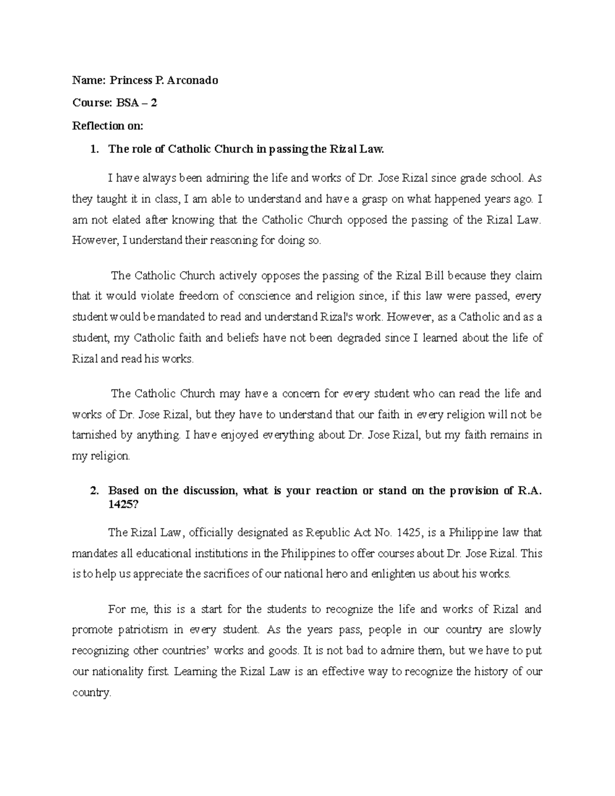 BSA 2 Reflection on the Catholic Church and the Rizal Law - Studocu